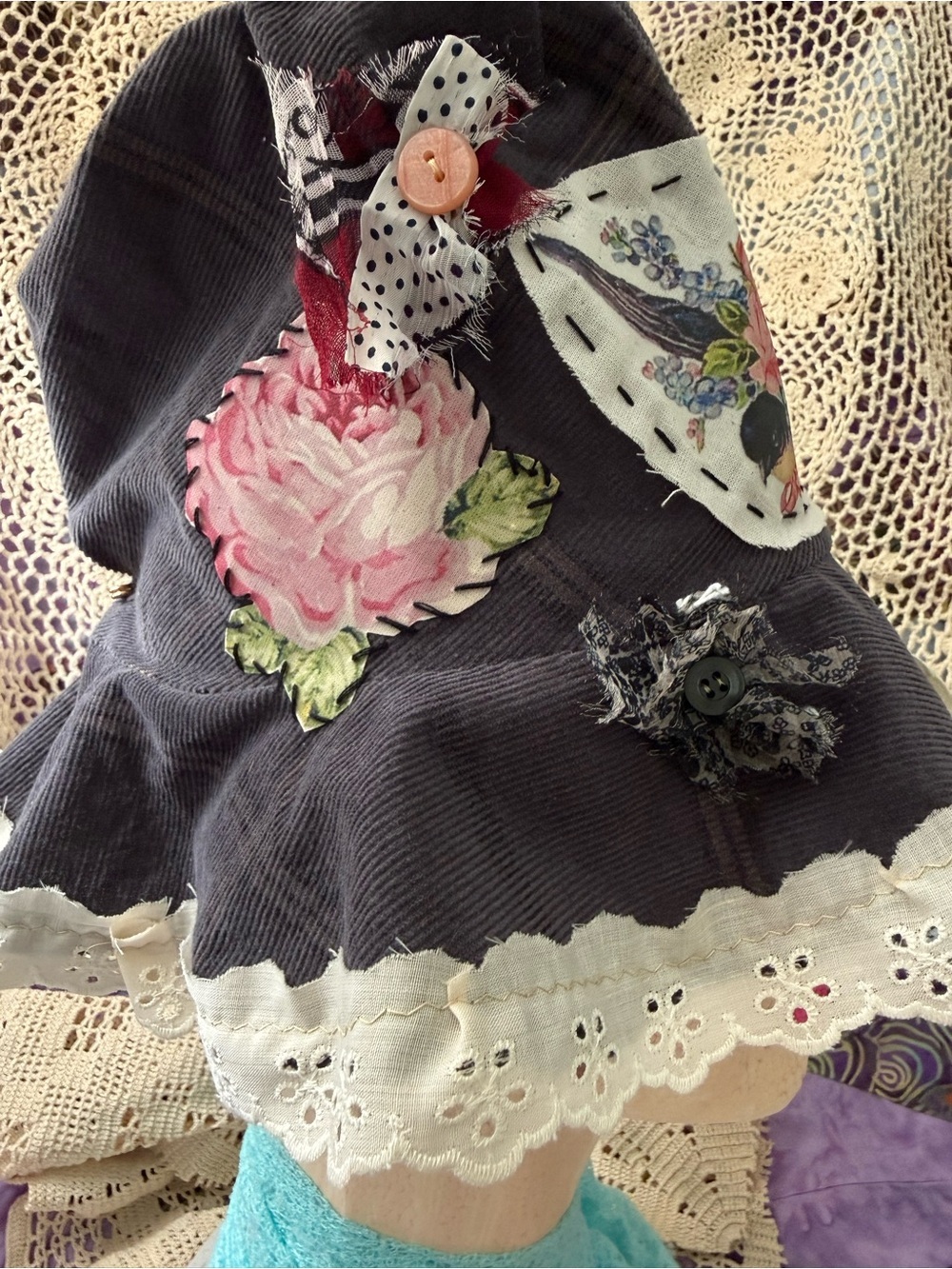 Handmade Upcycled Gray Corduroy Floral Bird Hemingway Style Hat 21"